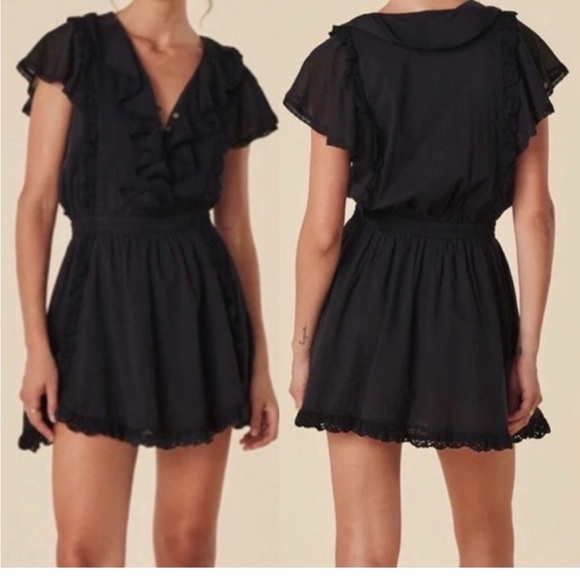 Spell Black Ruffle Lace Trim Mini Dress Size M Boho Byron Bay - Picture 2 of 7